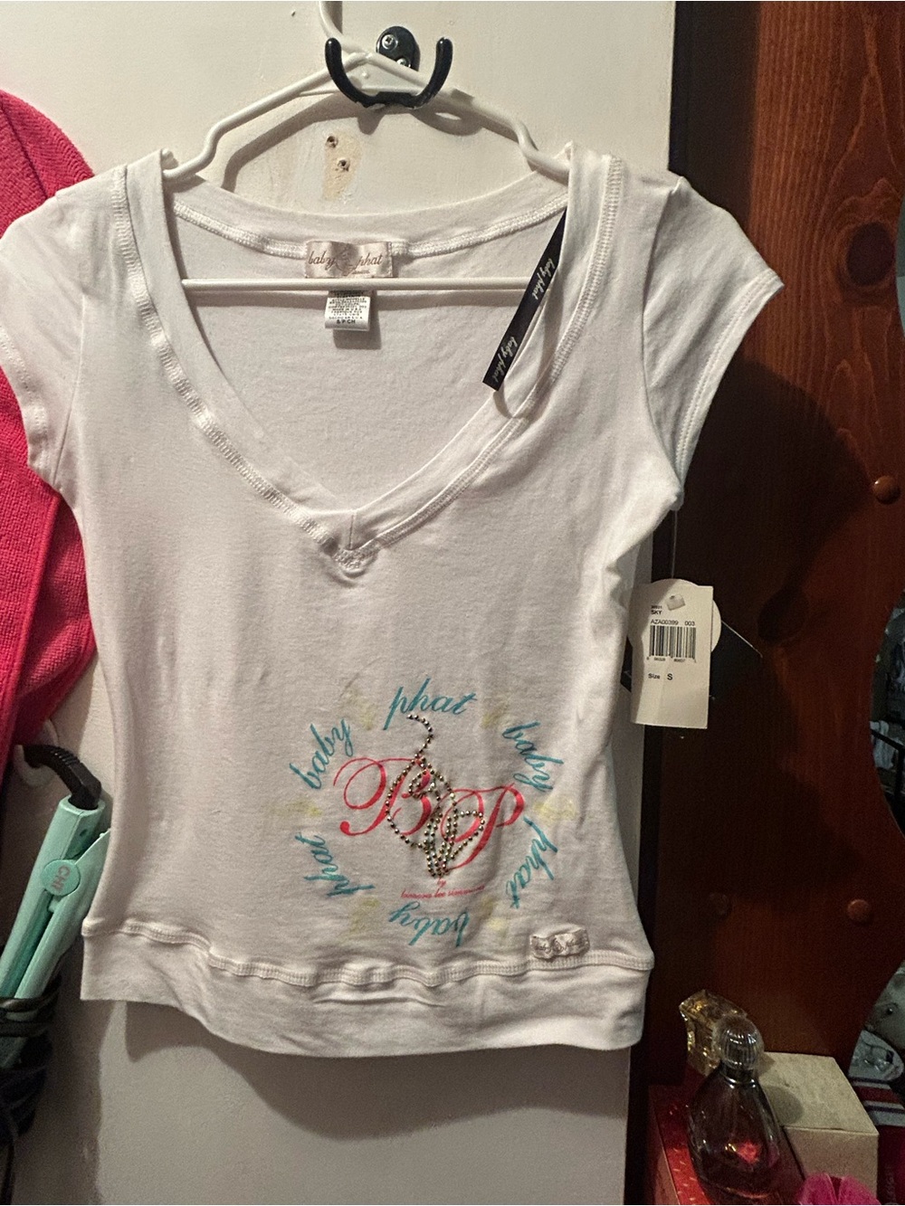 Baby Phat White Short Sleeve V-Neck Top with Multicolor Rhinestone Logo